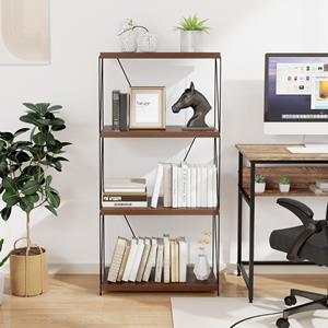 Costway 4-Niveau Multifunctionele Plank Vrijstaande Boekenkast Industriële Stijl Opslag Plank Houtnerf Afwerking voor Slaapkamer Woonkamer