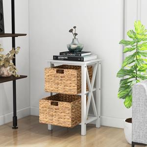 Costway 3-Traps Nachtkastje met Zeegrasmanden Smal X-Design Bijzettafel Salontafel met Acaciahouten Poten Opbergkast voor Woonkamer Wit
