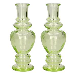 Ideas 4 Seasons Bloemenvaas Venice - 2x - voor kleine stelen/boeketten - gekleurd glas - ribbel lichtgroen - D5,7 x -