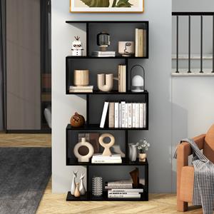 Costway S-Vormige Boekenkast Legplank op 5 Niveaus Anti Kantel Opbergmeubel voor Woonkamer Slaapkamer Kantoor Zwart 70 x 23,5 x 158 cm