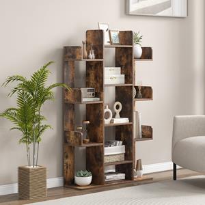 Costway Boekenkast in Boomvorm Rek met 13 Open Vakken Staand Rek Opbergrek voor Woonkamer of Kantoor Vintage Bruin 86 x 24,5 x 141 cm