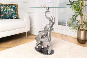 Invicta Interior Ronde bijzettafel OLIFANT 80cm zilverkleurig metaal glas marmeren sculptuur handgemaakt - 43557