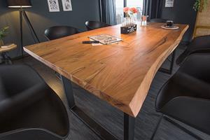 Invicta Interior Massief houten eettafel MAMMUT 160cm wilde acaciaboomrand zwart sledeframe 3,5cm tafelblad - 43484