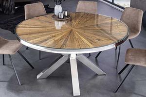 Invicta Interior Ronde eettafel BARRACUDA 120cm bruin teak massief hout glazen blad zilver roestvrij staal verchroomd - 43622