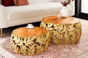 Invicta Interior Ronde set van 2 salontafels ABSTRACT LEAF 70cm natuurlijk goud massief hout acacia metalen bladontwerp - 43818