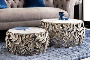 Invicta Interior Ronde set van 2 salontafels ABSTRACT LEAF 70cm wit zilver marmer metalen blad design - 43817
