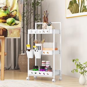Costway Mobiele Opbergwagen met 3 Niveaus Opbergwagen met 3 Bakken en 4 Haken Mobiele Opslag Rek met Duwbeugel voor Woonkamer Keuken Badkamer