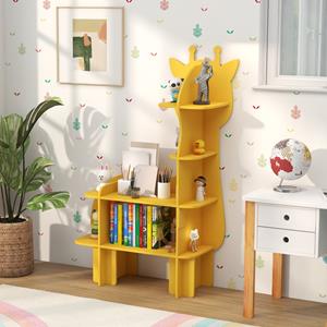 Costway 4-Niveau Boekenplank voor Kinderen in de Vorm van een Giraffe Boekenkast met Anti-Kantelbeveiliging Speelgoedopberger voor Kinderen van 3-12 Jaar