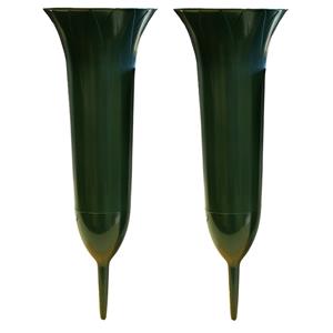 Merkloos Grafvaas kunststof - 2x - groen - H37 cm - grafdecoratie - bloemenvaas voor herdenkingsplaats/kerkho -
