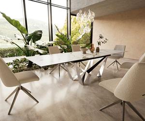 DELIFE Esstisch Edge 200-300x100 Keramik Calacatta Luxe Weiß-Gold-Grau Spider Flachstahl Edelstahl ausziehbar