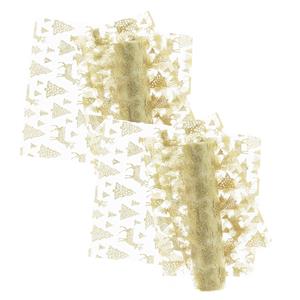 Unique Living Decoratie stof/tafellopers - 2x st - goud - rendieren en kerstbomen - 300 x 28 cm - polyester -