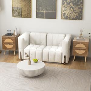 Costway 2 Rotan Nachtkastjes met 2 Laden Bijzettafel in Bohemian Stijl met Massief Houten Poten Compacte Houten Salontafel