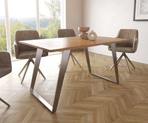DELIFE Esstisch Edge 140x90 S Akazie Natur Edelstahl Schräg Live-Edge