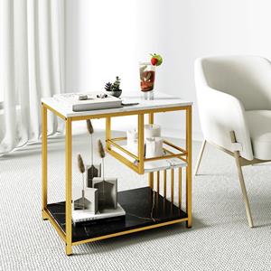 Costway 3 Niveaus Bijzettafel van Imitatiemarmer met Opbergplanken Luxe Rechthoekige Bijzettafel met Metalen Frame Modern Nachtkastje