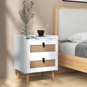 Costway Nachtkastje met 2 Lades en Massief Houten Poten Moderne Bijzettafel Nachtkastjes in Boho-Stijl Accenttafel Wit