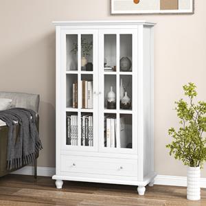 Costway Boekenkast Vitrinekast met Deuren van Gehard Glas Verstelbare Plank en Lade Bureaukast Archiefkast 80 x 40 x 139 cm Wit