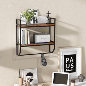 Costway Industrieel Houten Wandrek Zwevend Rek met Stang Rek met Metalen Frame Ideaal voor Woonkamer Keuken en Badkamer