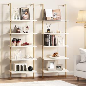 Costway 5 Niveaus Ladderrek Wandmontage 180 cm Boekenkast met Gouden Metalen Frame Wandplank Ideaal voor Woonkamer/Slaapkamer