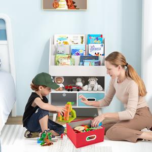 Costway Kinderboekenkast 3-Laags Houten Kinderboekenplank 2 Opvouwbare Stoffen Lades Speelgoedopslag voor Speelkamer Slaapkamer