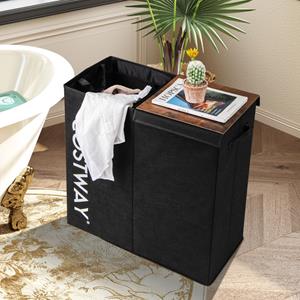 Costway 105 L Wasmand met Deksel 2 Vakken Wasbox met Handgrepen Wasmand met 2 Uitneembare Waszakken 62 x 31 x 60 cm Zwart
