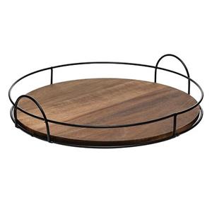 5five Dienblad/serveerblad Bilbao - Acacia hout - D34 cm - zwart/bruin - met opstaande metalen rand -