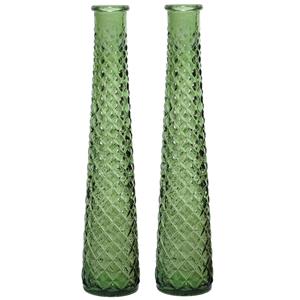Decoris 2x stuks vazen/bloemenvazen gerecycled glas - D7 x H32 cm - donkergroen -
