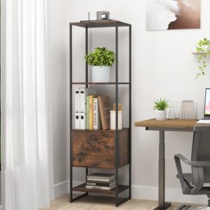 Costway 5-Vaks Boekenkast met Lade Hoge en Smalle Boekenkast met Legplanken Metalen Frame en Dubbele Anti-Kantelsets Vrijstaande Displayplank
