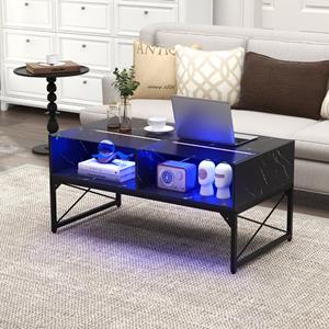 Costway Hoogglans Salontafel met Blad van Imitatiemarmer en Gehard Glas LED-Verlichting Moderne Bijzettafel Inclusief Afstandsbediening