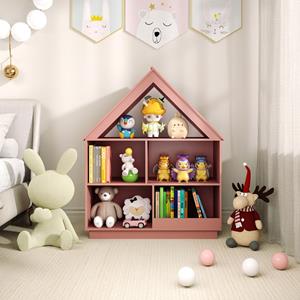Costway Kinderboekenkast in de Vorm van een Huis Houten Speelgoedopbergmeubel met 5 Vakken Open Displayplank met 3 Niveaus