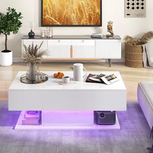Costway Moderne LED Salontafel Bijzettafel met 2 Niveaus met 20 Gekleurde LED-Lampjes en 2 Opbergladen Rechthoekige Centrale Tafel Wit