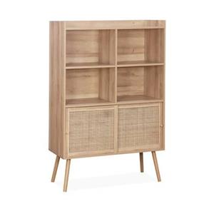 Sweeek  Boekenkast 5 planken, schuifdeuren, effect hout en rotan