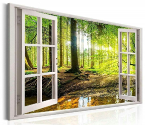 Karo-art Schilderij Raam Uitzicht op het Bos Ingelijst 120x80cm XXL