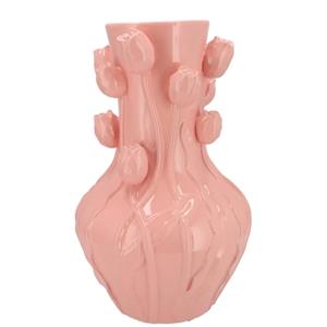 DK Design Bloemenvaas Mara - roze - 28 x 28 x 45 cm - tulpvormige hals - moderne vaas -