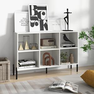 Costway Open Boekenkast met 6 Vakken 2 Niveaus Hout Verhoogde Metalen Poten 5-Positie Verstelbare Planken Anti-Kantelset voor Thuis Wit/Natuurlijke