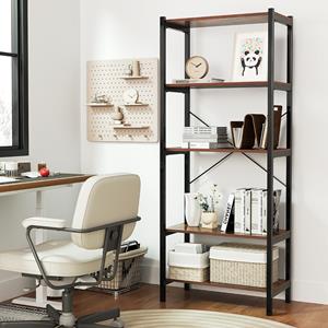 Costway Boekenkast met 5 Niveaus Vrijstaande Plank met Metalen Frame en Dubbele Anti-Kantelkits Opbergorganizer voor Woonkamer 161 CM