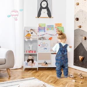 Costway Opbergmeubel voor Kinderspeelgoed met Dierenmotief 5 Vakken Speelgoedplank met 2 Stoffen Lades Anti-Kantelbeveiliging 93 x 30 x 102cm