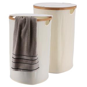 Tendance Wasmand met deksel - 2x - rond - bamboe hout - 70L - naturel wit - 60 x cm - was sorteren -