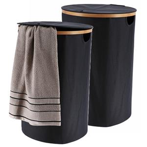 Tendance Wasmand met deksel - 2x - rond - bamboe hout - 70L - zwart - 60 x cm - was sorteren -