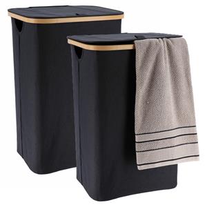 Tendance Wasmand met deksel - 2x - bamboe hout - 70 Liter- zwart - 60 x x 30 cm - was sorteren -