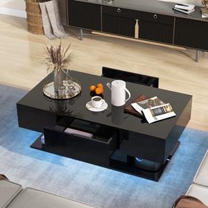 Costway Moderne LED Salontafel Bijzettafel met 2 Niveaus met 20 Gekleurde LED-Lampjes en 2 Opbergladen Rechthoekige Centrale Tafel Zwart