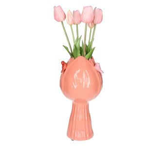 Countryfield vaas Tulip - tulpen vorm - vogeltjes - steen - roze - 18 x 32 cm -