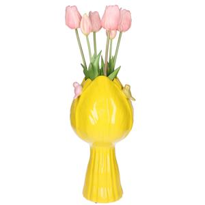 Countryfield vaas Tulip - tulpen vorm - vogeltjes - steen - geel - 18 x 32 cm -