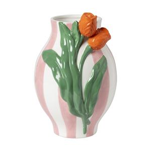 Xenos Vaas gestreept met tulp - roze/groen/oranje - ø16.6x24 cm