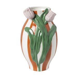 Xenos Vaas gestreept met tulp - oranje/groen/roze - ø15.6x28.5 cm