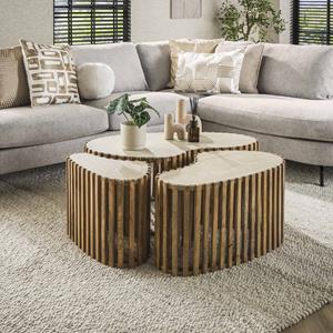 LifestyleFurn Organische Salontafel Beckie Mangohout en travertinlook, Set van 3 stuks - Massief mango zandkleur