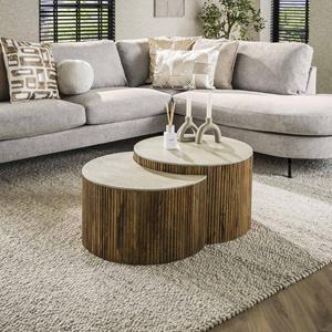 LifestyleFurn Halfronde Salontafel Beckie Mangohout en travertinlook, Set van 2 stuks - Massief mango zandkleur