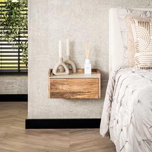 LifestyleFurn Hangend Nachtkastje Beckie Mangohout en travertinlook, Met 1 lade - Massief mango zandkleur