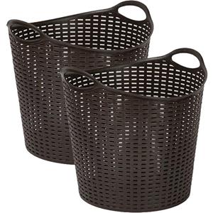 PlasticForte Gevlochten wasmand/opbergmand - 2x - flexibel - donkerbruin - 27 liter - rond - kunststof -