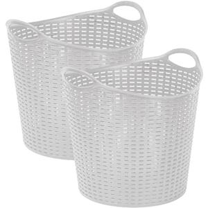 PlasticForte Gevlochten wasmand/opbergmand - 2x - flexibel - ivoor wit - 27 liter - rond - kunststof -