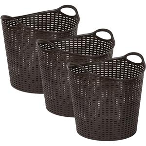 PlasticForte Gevlochten wasmand/opbergmand - 3x - flexibel - donkerbruin - 27 liter - rond - kunststof -
